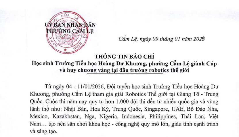 Thông tin báo chí: Học sinh Trường Tiểu học Hoàng Dư Khương, phường Cẩm Lệ giành Cúp và Huy chương vàng tại đấu trường Robotics thế giới